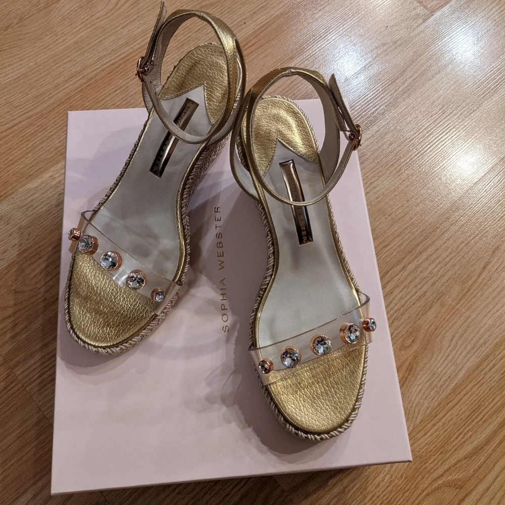 Sophia Webster Gold Wedges with Crystal Accents